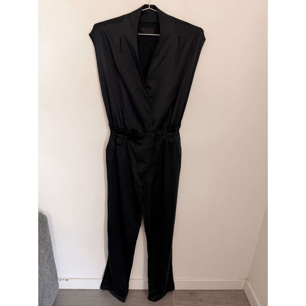 RtA Black 100% Silk Sleeveless V-Neck Elastic Waist Dark Academia Jumpsuit Sz m